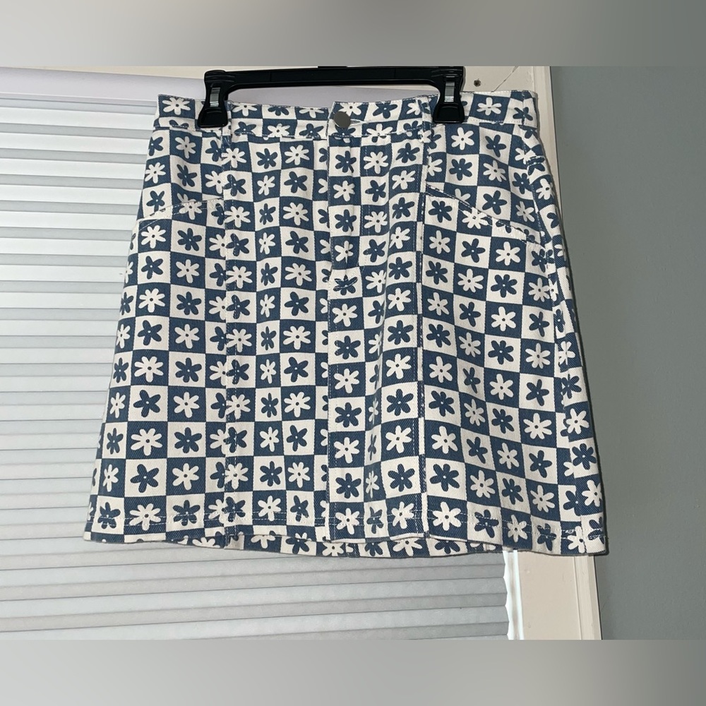 Blue and white checkered/flowered 70’s inspired skirt.